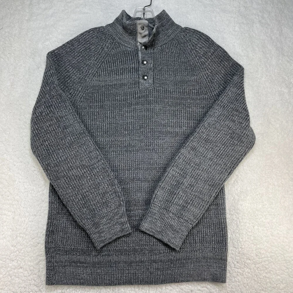 Banana Republic Sweater Mens Large Gray Chunky Knit Mock Neck Cotton Blend Snaps